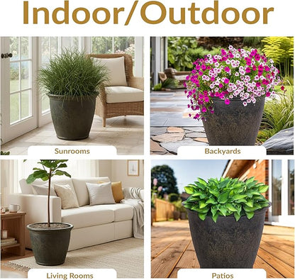 Sunnydaze 24-Inch Anjelica Large Plastic Pot for Plants - Double-Walled Outdoor Polyresin Round Planter Porch Pot with Drillable Drainage Holes - Sable - 2pk