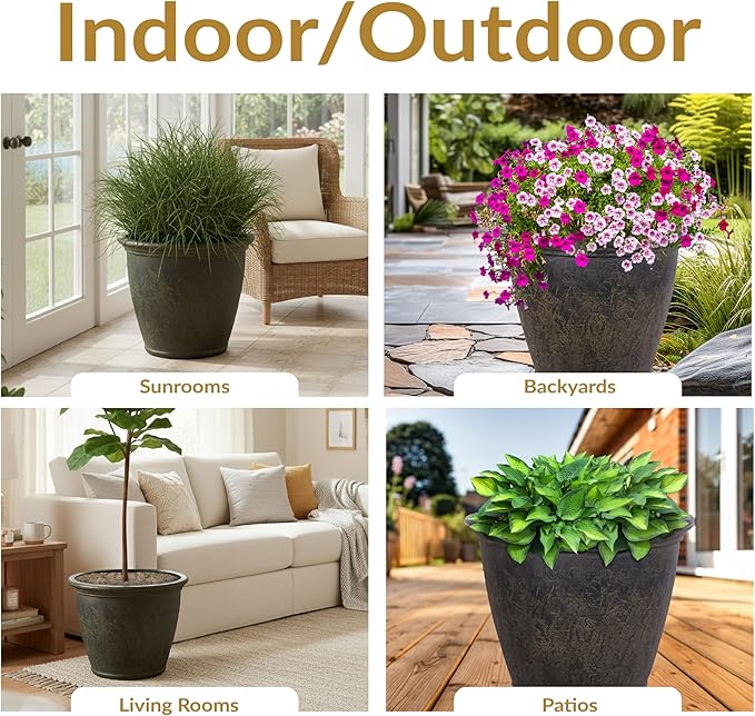 Sunnydaze 24-Inch Anjelica Large Plastic Pot for Plants - Double-Walled Outdoor Polyresin Round Planter Porch Pot with Drillable Drainage Holes - Sable - 4pk