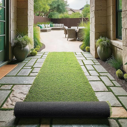 Ottomanson 2'7" x 46' Artificial Faux Grass Rug - Realistic Turf with UV Protection - Perforated for Easy Drainage - Durable, Hose-Off Synthetic Lawn Carpet for Indoor & Outdoor Use, Green