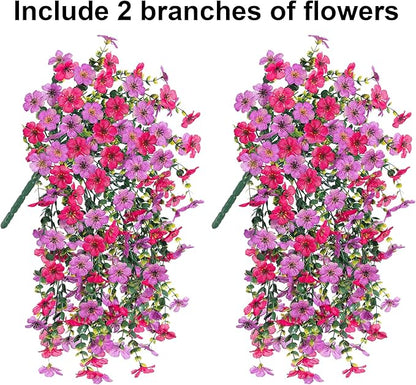 HyeFlora Artificial Flowers for Outdoors Fake Hanging Decoration, 2Pcs Purple and Hotpink Spring Decor, Realistic Plants, UV & Fading Resistant Silk Flower for Porch Patio Balcony Planter Yard