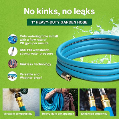 Aeromixer THE HOSE - 1 Inch Garden Hose 15 Ft, Kinkless Commercial Garden Hoses, Heavy Duty Industrial Water Hoses for Outdoors, 650 PSI High-Pressure Watering Tool for Farming and Gardening