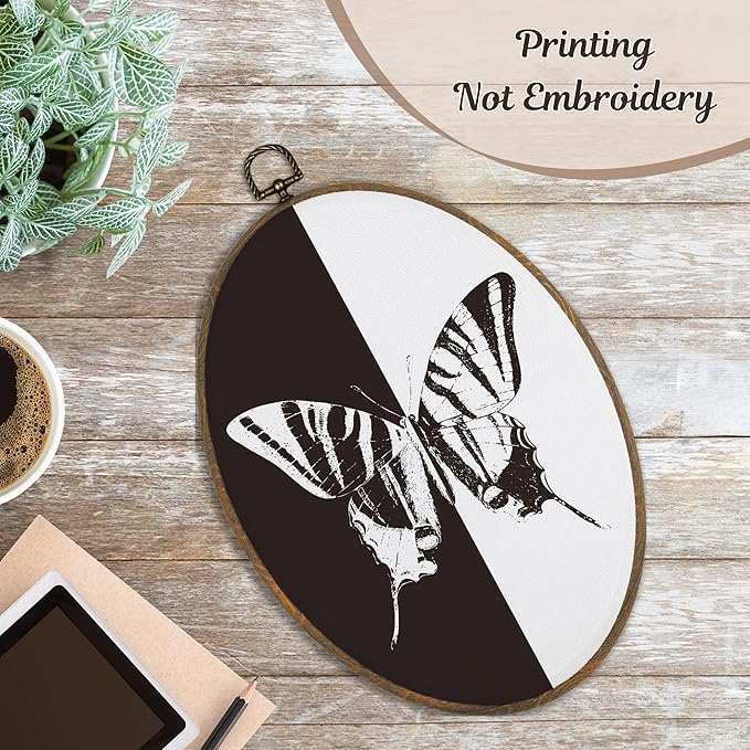 LKETW Butterfly Oval Wall Art Decor, Modern Black and White Butterfly Oval Canvas Hanging Decor, Moth Wall Decorations for Home Bedroom Living Room, 8.6x11.4 Inch