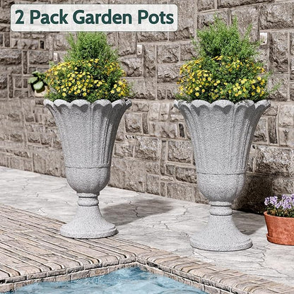 23.6" Tall Plastic Urn Planters for Outdoor Plants, Set of 2 Heavy-Duty Classic Indoor Large Flower Pots with Drainage Holes & Petal Design, Outdoor Planters for Porch, Home Garden, Grey