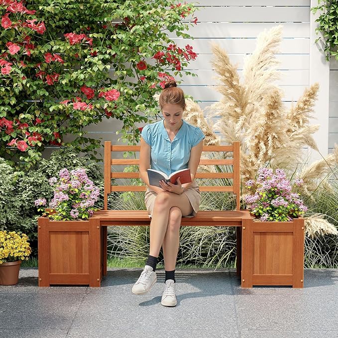 2 Pieces Outdoor Planter Box with Bench, Teak Oil Finish Wood Seat with 2 Open-Ended Base Garden Beds & Backrest, Decorative Plant Container for Yard, Balcony & Porch