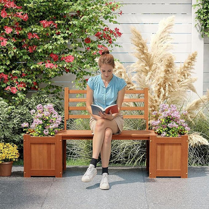 2 Pieces Outdoor Planter Box with Bench, Teak Oil Finish Wood Seat with 2 Open-Ended Base Garden Beds & Backrest, Decorative Plant Container for Yard, Balcony & Porch