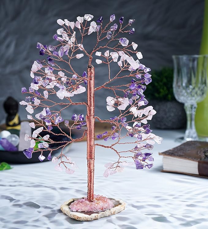 Amethyst & Rose Quartz Crystal Tree of Life - Handmade Gemstone Tree, Geode Agate Slice Base, Chakra Tree of Life, Feng Shui Tree, Money Tree, Crystal Decorations, Spiritual Gifts, Healing Crystal
