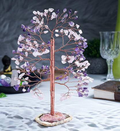 Amethyst & Rose Quartz Crystal Tree of Life - Handmade Gemstone Tree, Geode Agate Slice Base, Chakra Tree of Life, Feng Shui Tree, Money Tree, Crystal Decorations, Spiritual Gifts, Healing Crystal