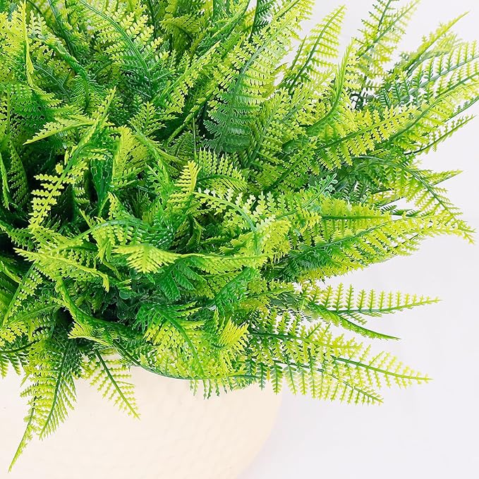 FGSAEOR 12 Bundles Artificial Boston Ferns Flowers for Outdoor Indoor, Faux Flower with Eucalyptus Leaves Fake Plants Greenery, Garden Home Decor