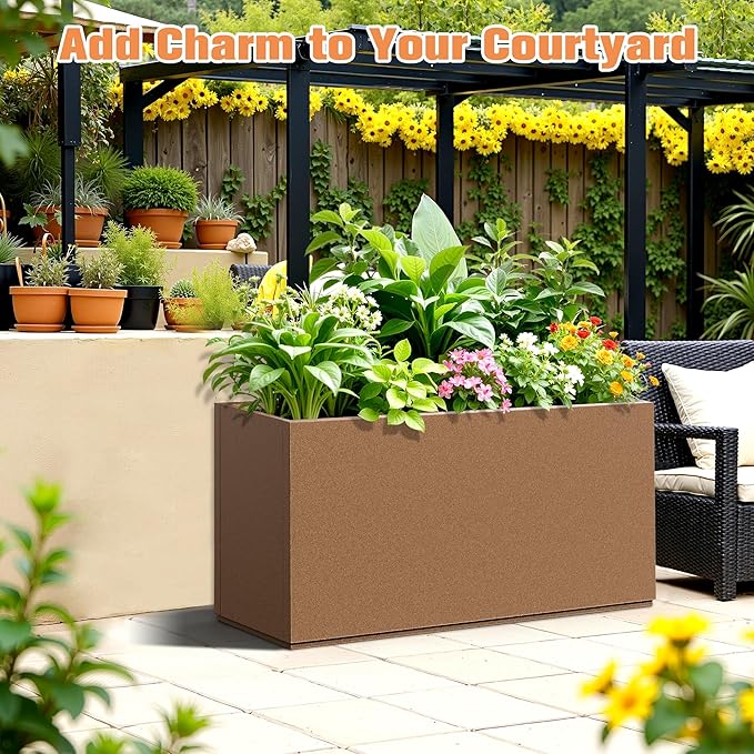 Rectangle Planter for Indoor & Outdoor, Tall and Long Planter Boxes with Drainage Holes, Mental Planter Box All-Weather Use for Plants, Flowers, 32" L x 10" W x 16.3" H, Brown