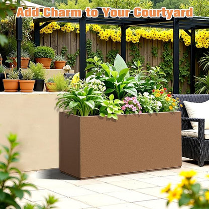 Rectangle Planter for Indoor & Outdoor, Tall and Long Planter Boxes with Drainage Holes, Mental Planter Box All-Weather Use for Plants, Flowers, 32" L x 10" W x 16.3" H, Brown