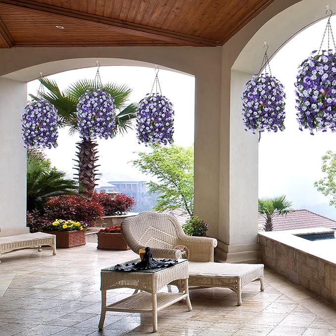 Artificial Flowers in Hanging Basket for Outdoors Indoors Decor, Artificial Mums Bush Flowers Plants with Baskets for Home Porch Garden Yard Patio Spring Summer Decoration (Deep Purple)