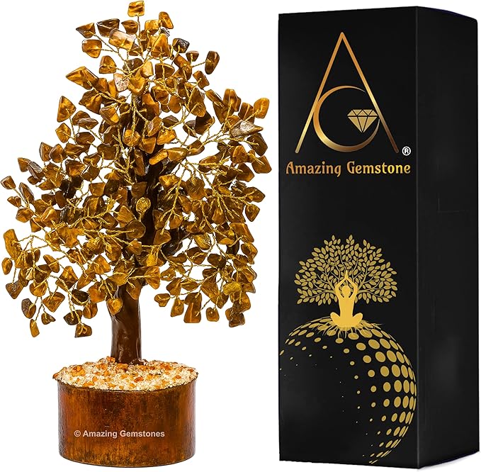 Amazing Gemstone Tigers Eye Natural Healing Premium Crystal Bonsai Feng Shui Fortune Money Tree of Life for Home Office Decor (Gift Box Ready,10-12 Inch)