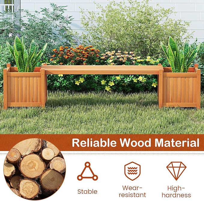 Planter Box Bench Outdoor, Wood Patio Bench with 2 Wood Planter Boxes, Raised Plant Container Garden Bench for Outdoor, Patio, Yard, Deck & Balcony