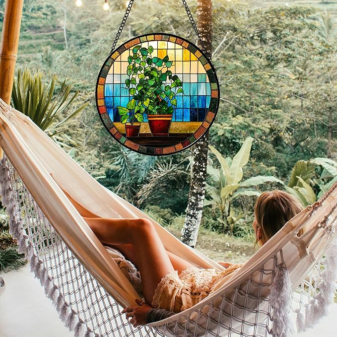 Stained Glass Window Hanging Green Potted Plants 6.3" - Suncatcher Door Garden Sun Catcher Retro Home Decor Birthday Christmas for Mom Men Woman Nana Friend