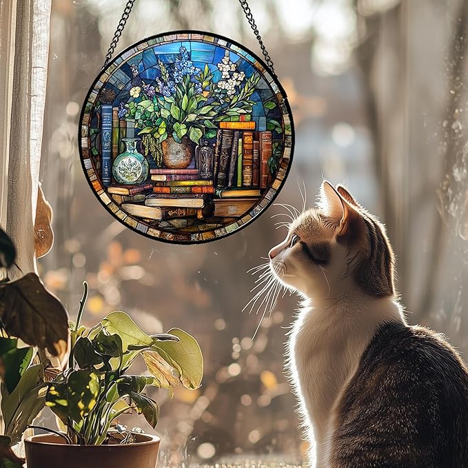 Stained Glass Window Hanging Teal Flower Vintage Books 7.8" - Blue Suncatcher Door Garden Sun Catcher Home Decor Birthday Christmas for Mom Men Woman Nana Friend