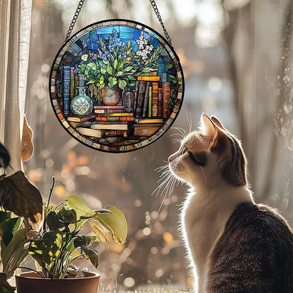 Stained Glass Window Hanging Teal Flower Vintage Books 7.8" - Blue Suncatcher Door Garden Sun Catcher Home Decor Birthday Christmas for Mom Men Woman Nana Friend