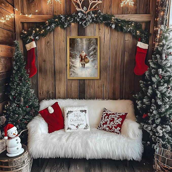 Christmas Wall Art, Vintage Santa Claus Wall Decor, Santa Claus Is Coming To Town Painting Artwork Canvas Prints, Country Winter Christmas Holiday Poster Pictures for Home Bedroom 12x16 Inch Framed