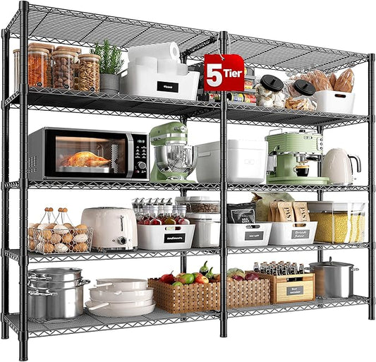 REIBII 5 Tier Wire Shelving Storage Shelves Loads 1430LBS, 58" W Metal Shelving for Storage Adjustable Shelving Unit Heavy Duty Garage Shelves Pantry Shelves Kitchen, Black