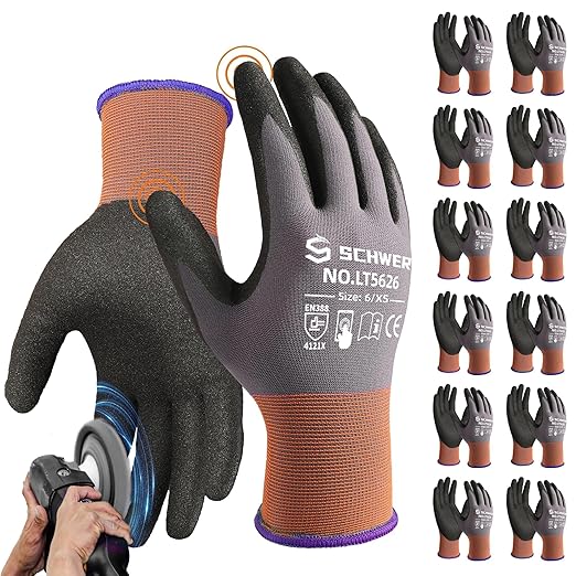 Schwer 12 Pairs Safety Work Gloves Sandy Nitrile Coated LT5626, Max Abrasion Resistant Heavy Duty Working Gloves with Grip for Men Women, Touch-Screen, for General Use, Mechanic, Construction, XS