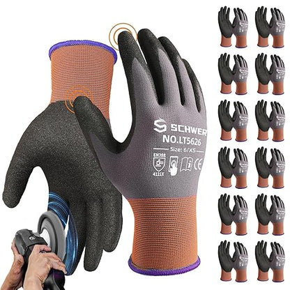 Schwer 12 Pairs Safety Work Gloves Sandy Nitrile Coated LT5626, Max Abrasion Resistant Heavy Duty Working Gloves with Grip for Men Women, Touch-Screen, for General Use, Mechanic, Construction, XS