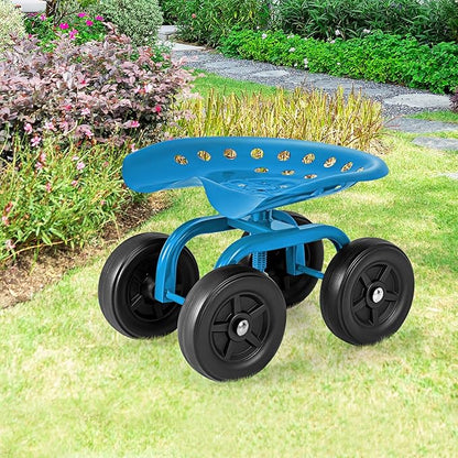 Garden Cart with Seat, Heavy-Duty Rolling Outdoor Wagon Scooter w/Height Adjustable & 360° Swivel Seat, Gardening Work Seat Stool, Patio Scooter on Wheels for Lawn Yard Planting (Blue)