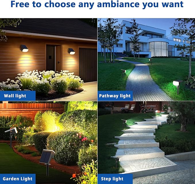 Solar Lights Outdoor Waterproof IP65, Super Bright LED, 2CCT 4 Lighting Modes 3000K/6500K Selectable, Solar Powered Yard Garden Solar Spot Lights for Outside Landscape Auto On/Off -8 Pack