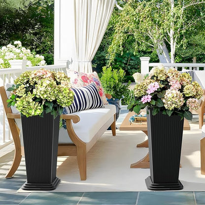 Set of 2 Large Tall Planter for Indoor or Outdoor 24" Flower Pots Tapered Tall Planters with Tray for Porch, Patio, Backyard, Large Planters for Outdoor Indoor Plants(Black,Striped)