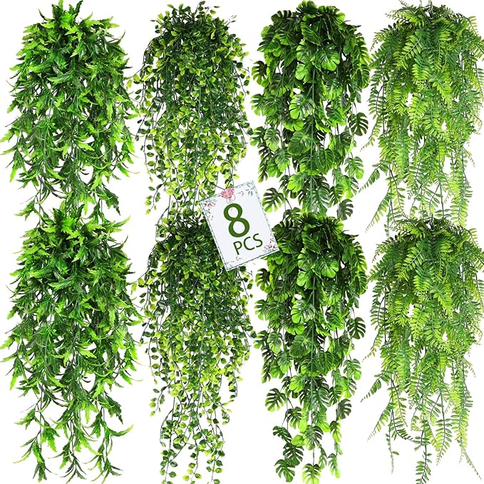 8 Pack Artificial Hanging Plants Fake Greenery Plants Fake lvy Vine for Home Wall Garden Indoor Outdoor Decoration (31'' Faux Boston Ferns,Palm Leaves)