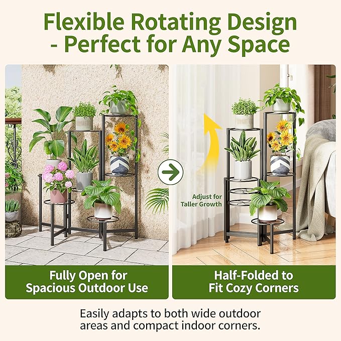 Corner Shelf Patio 7 Tier Metal Plant Stand Indoor Outdoor Tall Metal Flower Pot Stands for Multiple Plants Heavy Duty Plant Shelf Black Kite