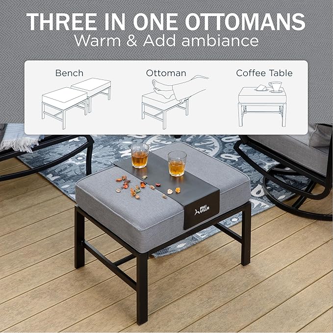 PHI VILLA 7 PCS Patio Furniture Set,Metal Outdoor Furniture with 1x 3 Seater Cushioned Deep Seating Bench Sofa, 2 Swivel Chair, 2 x Leg Chairs & 2 Ottoman for 7 Person, Grey