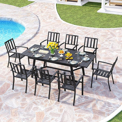 PHI VILLA 9 Pieces Outdoor Dining Set for 8, 84" Long Expandable Metal Table & Stackable Wrought Iron Chairs, Large Furniture Set for Patio, Deck, Yard, Porch - Black