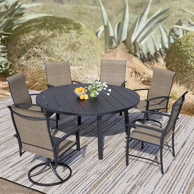 7 Piece Outdoor Dining Set, 47" Black Round Outdoor Dining Table with 2 Mocha Swivel Outdoor Dining Chairs and 4 Fixed Patio Table and Chair Set of 6 for Lawn, Garden, or Porch