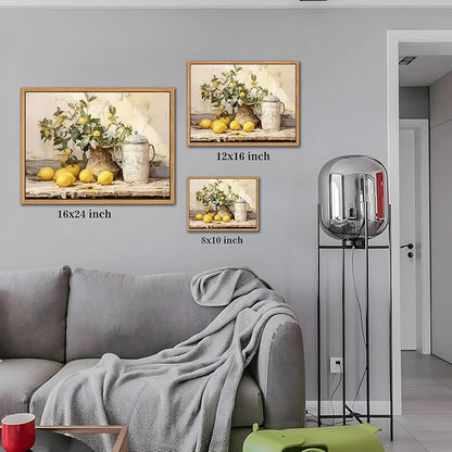Floating Framed Vintage Kitchen Wall Art, Yellow Lemon Still Life Wall Decor Oil Paintings, Rustic Farmhouse Artwork Posters Prints Pictures for Living Room Bedroom Home Decor 16x24 Inch