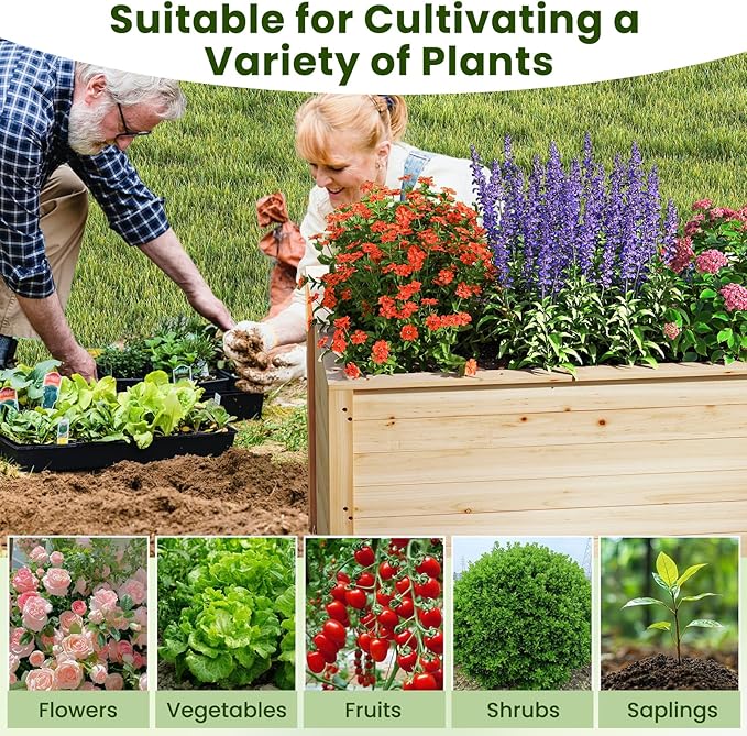 Giantex Wood Raised Garden Bed, 40"x25"x26" Elevated Planter Box w/Open-Ended Base for Deep-Rooted Plant Vegetable Fruit Flower, Outdoor Solid Wood Planter for Patio Backyard (1,40"x25"x26")