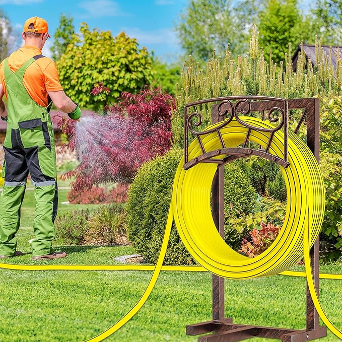 Garden Hose Holder, Heavy Duty Metal Water Hose Holders Hose Stand with 5 Spikes, Freestanding Hose Storage Rack Hose Hanger Holds 150ft Hose for Outside Yard Lawn Garden Decor (Vintage Copper-2P)