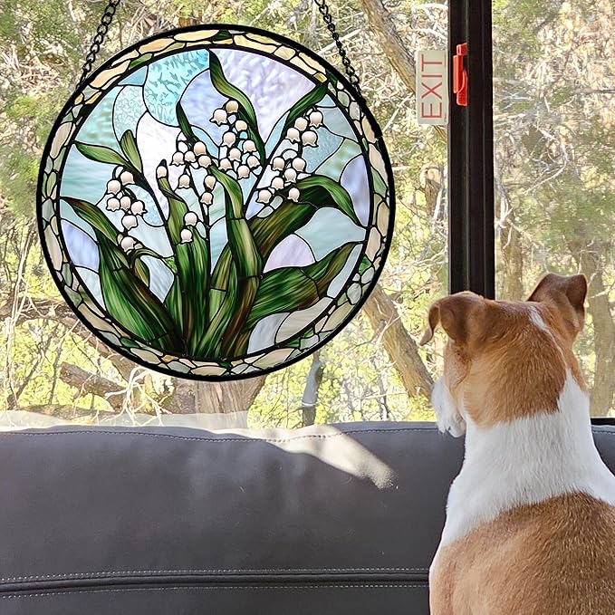 Stained Glass Window Hanging, White Green Lily of The Walley Flowers Sun Catcher for Door Home Decor Plants Suncatcher Christmas Mother's Day Birthday Gifts for Women Men Mom Nana 11.8 in