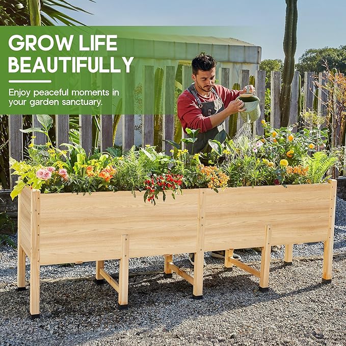SPECRAFT 8x2 Ft Raised Garden Bed, Featuring Legs, Drainage Holes, Ideal for Vegetables, Flowers, Elevated Wood Planter Box for Balcony, Patio, and Backyard, Easy Assembly