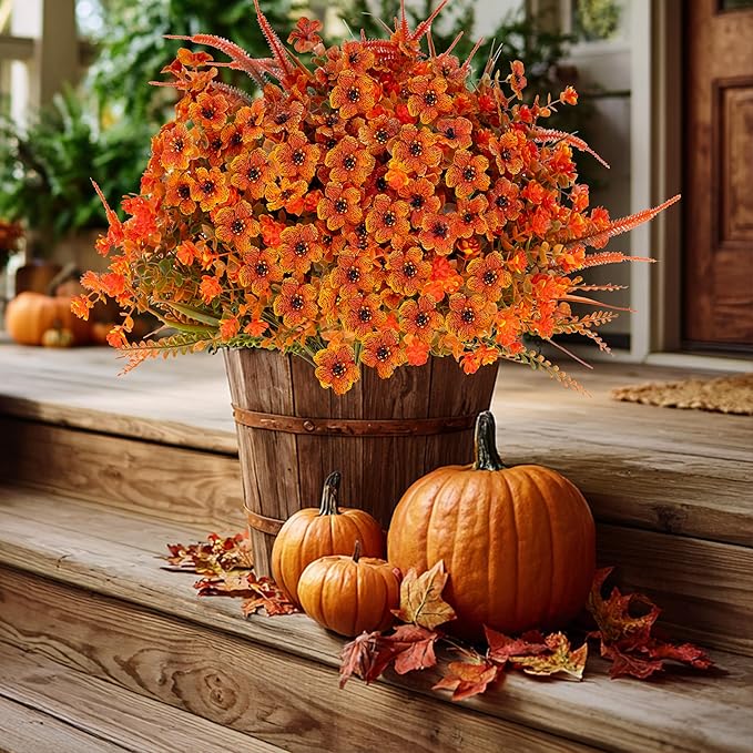 Artificial Fall Flowers for Outdoors Fake Mums - 16 Bundles Faux Fall Decor Plants No Fade Shrubs (16, OrangeGreenGrass)