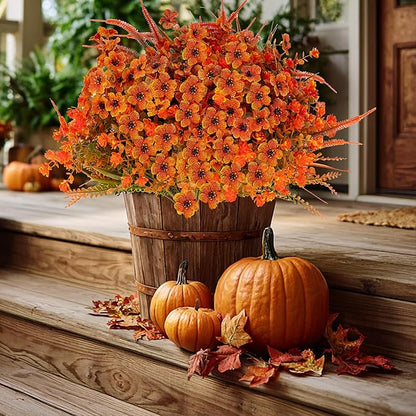 Artificial Fall Flowers for Outdoors Fake Mums - 16 Bundles Faux Fall Decor Plants No Fade Shrubs (16, OrangeGreenGrass)