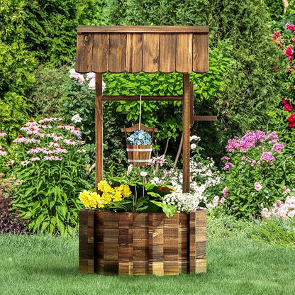 Aoxun Wooden Wishing Well Planters with Hanging Bucket, Garden Helper, Rustic Garden Decor for Outside, Yard, and Patio, Upgrade Reinforced Base, Brown