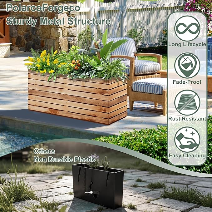 Rectangular Planters for Outdoor Plants, Large Planter Box with Drainage Holes, Metal Balck Palnters for Patio, Garden (32" L x 15" W x 16" H, Walnut Wood Grain)