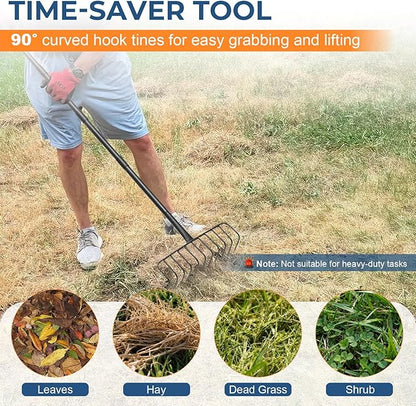 85" Adjustable Rake with 16" Wide Lightweight L-Shaped Head - No-Bend Gardening Tool for Hay, Leaves, and Mulch - Comfortable Metal Rake to Prevent Back Pain