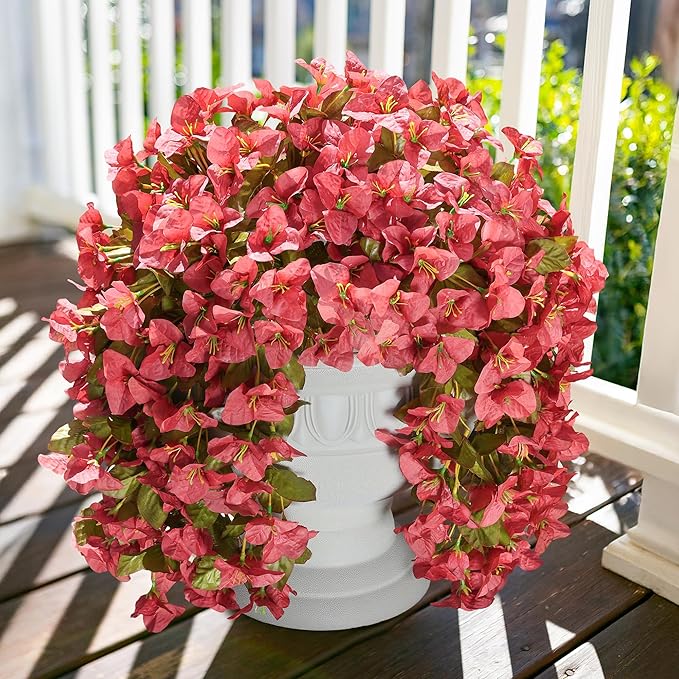 Bougainvillea Artificial Flowers Fake Plants for Outdoors Winter Decoration, 2 pcs Faux Long Trailing Vines UV Resistant Look Real Red Silk Flowers for Outside Planter Front Door Porch Urn Yard Patio