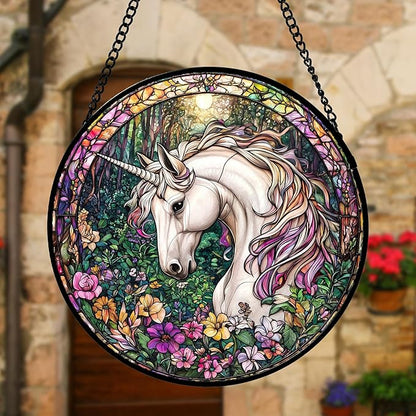 Stained Glass Window Hanging, Unicorn Flowers Suncatcher for Doors Home Sun Catchers Decoration and Christmas, Mother's Day Birthday Gifts for Women, Men, and Mom 11.8x11.8 in