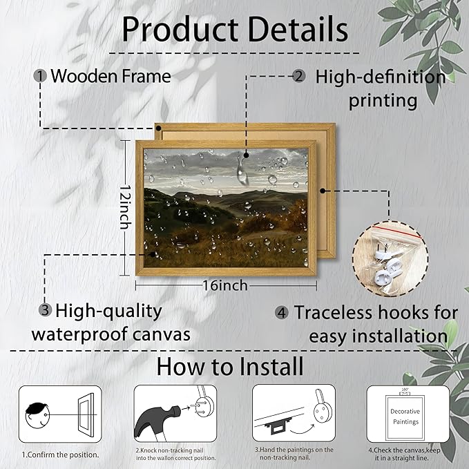 Framed Vintage Mountain Landscape Wall Art, Rustic Countryside Hills Canvas Print, Retro Farmhouse Nature Oil Painting Picture for Living Room Bedroom Home Wall Decor 12x16 Inch