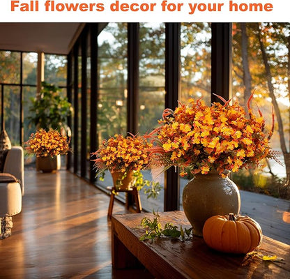 Artificial Fall Flowers for Outdoors Fake Mums - 16 Bundles Faux Fall Decor Plants No Fade Shrubs (16, OrangeGreen)