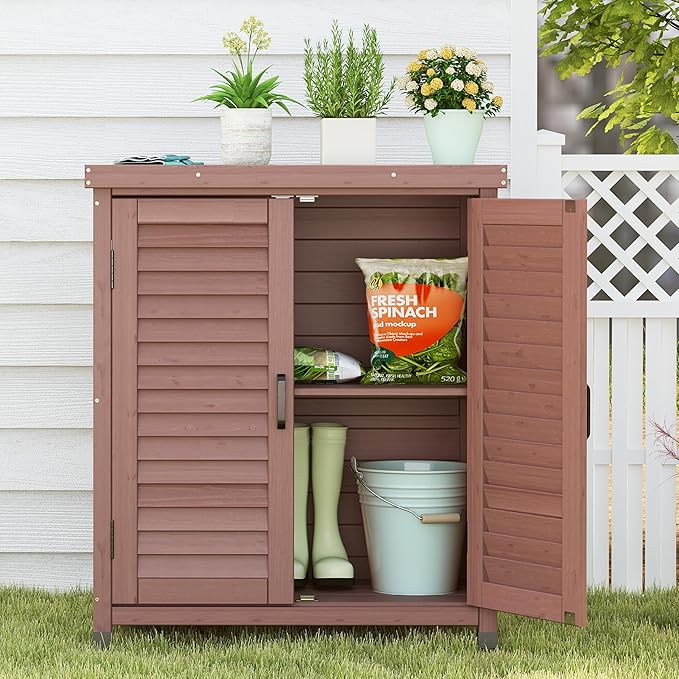 Potting Bench with Storage Cabinet and Metal Table Top for Outdoor Patio, Garden Furniture Wood Workstation