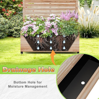 Metal Raised Garden Bed with Trellis, 2-in-1 Planter Box & Privacy Screen for Climbing Plants, Outdoor Standing Flower Bed with Drainage Holes, 35.4" L x 15.7" W x 70.1" H, Acacia Wood Grain