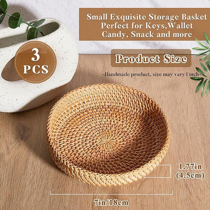 Hushee 3 Pcs Small Round Keys Basket for Entryway Woven Bowl Basket Rattan Wicker Round Tray Organizing for Keys Wallet Cell Phone Tabletop Serving Fruit Food Holder Decorative Table Storage