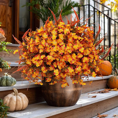 Artificial Fall Flowers for Outdoors Fake Mums - 16 Bundles Faux Fall Decor Plants No Fade Shrubs (16, OrangeGreen)